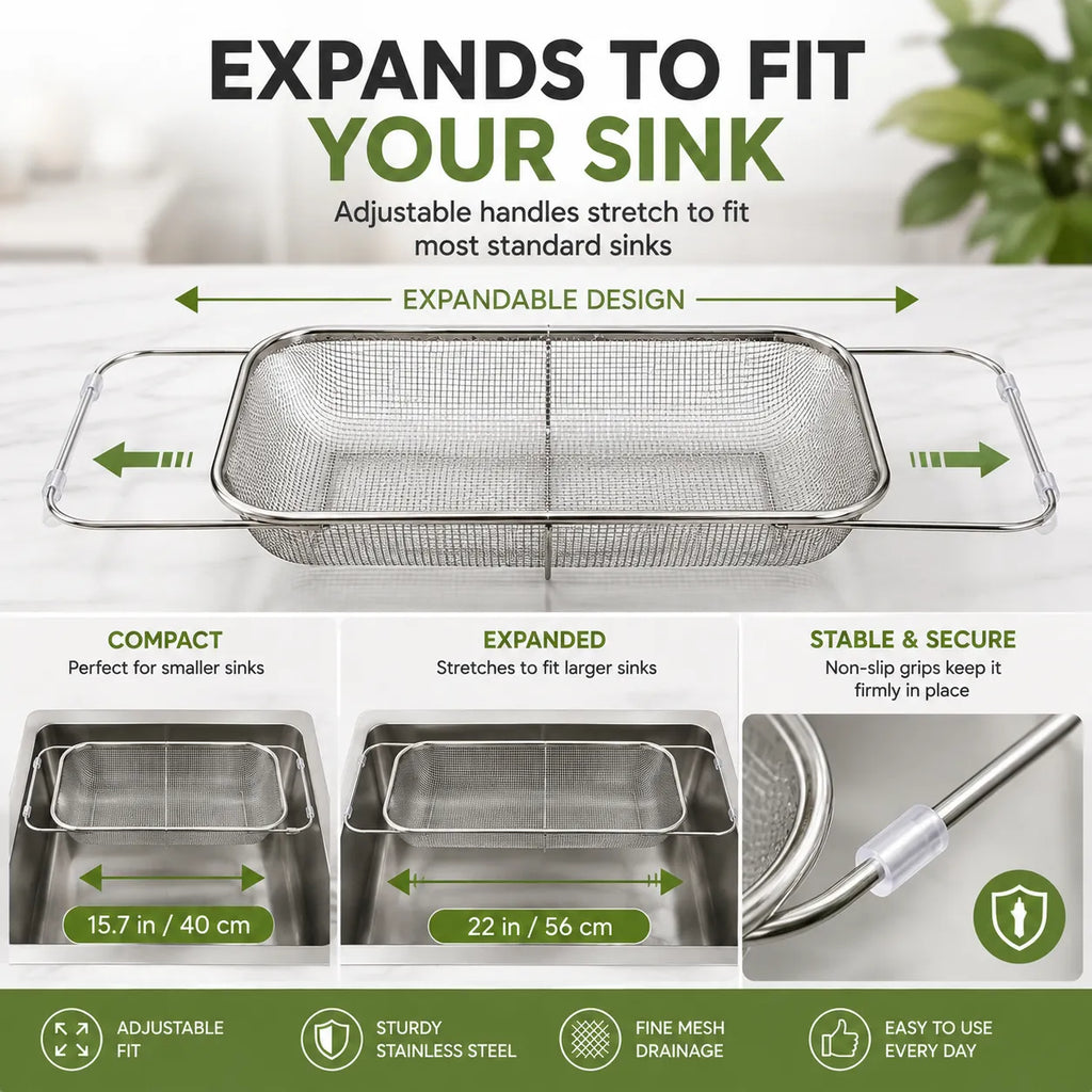 Stainless Steel Over-the-Sink Expandable Strainer Basket with Chopstick Holder
