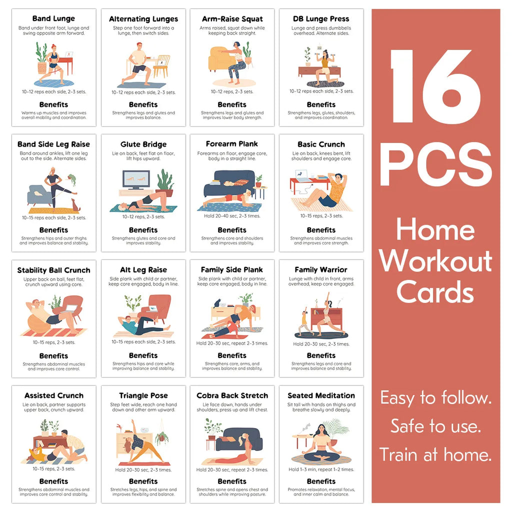 Home Workout Card Deck, 16 No-Equipment Movement Cards
