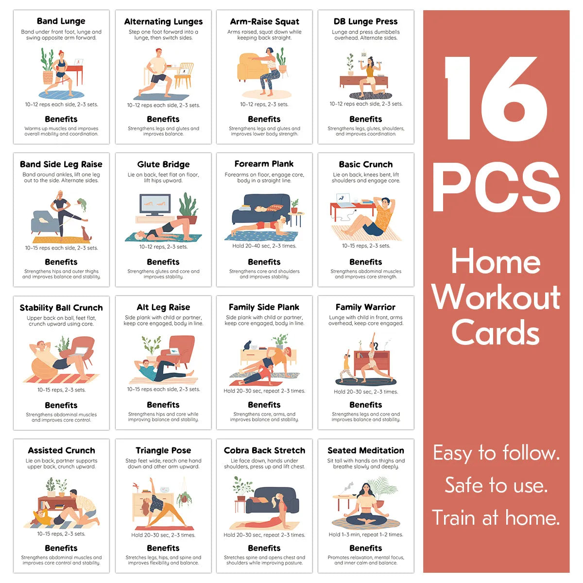 Home Workout Card Deck, 16 No-Equipment Movement Cards