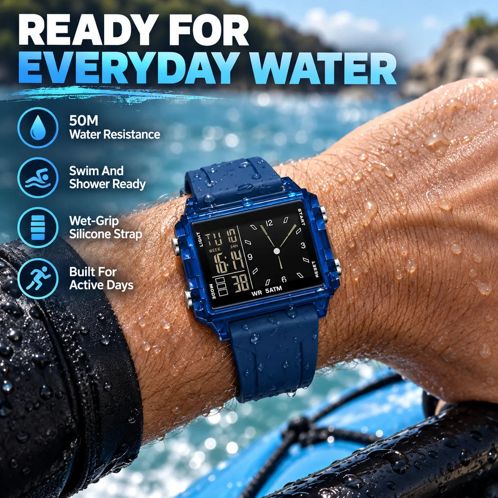 Water-Resistant Transparent Digital Watch – 50M, luminous display & hybrid design