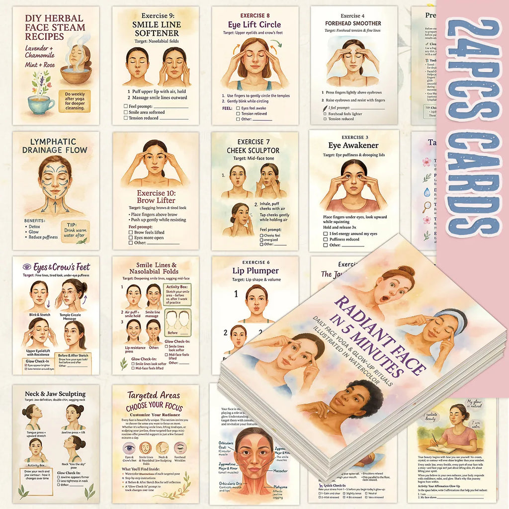 Face Yoga Practice Card Deck, 24 Illustrated Facial Exercise Cards