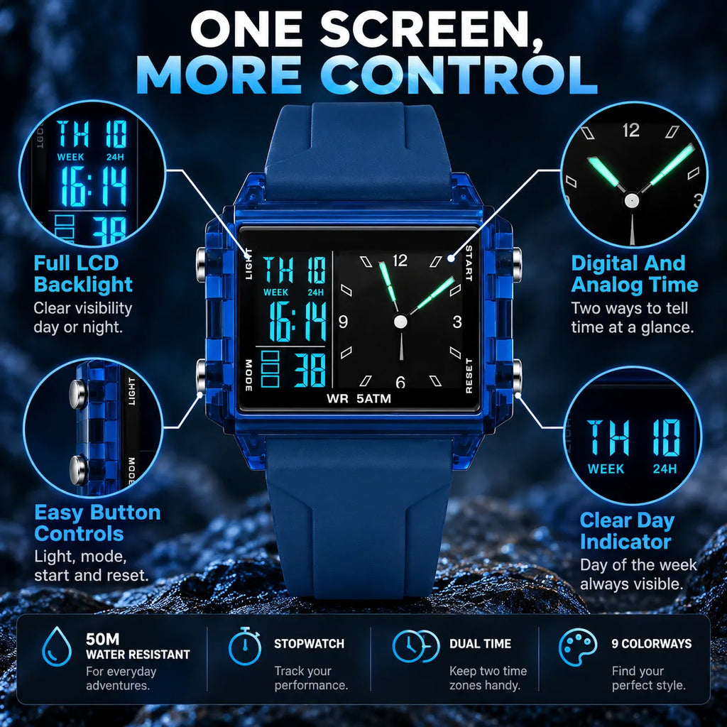 Water-Resistant Transparent Digital Watch – 50M, luminous display & hybrid design
