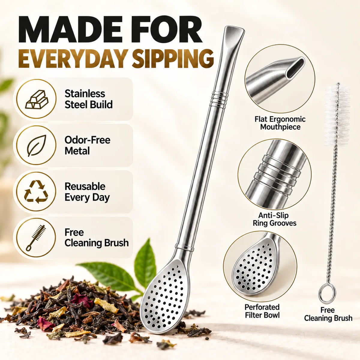 2‑in‑1 Tea Filter Spoon Straw | Free Cleaning Brush Included