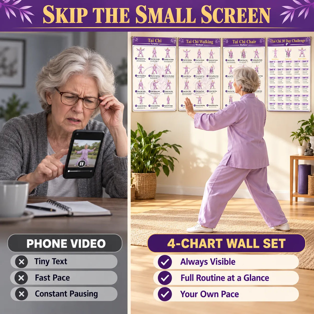 4 Illustrated Tai Chi Exercise Poster Set for Seniors —(11.8x8.3 inches)