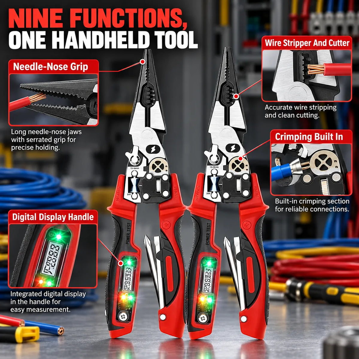 9-in-1 Multi-Functional Digital Display Electrician’s Pliers