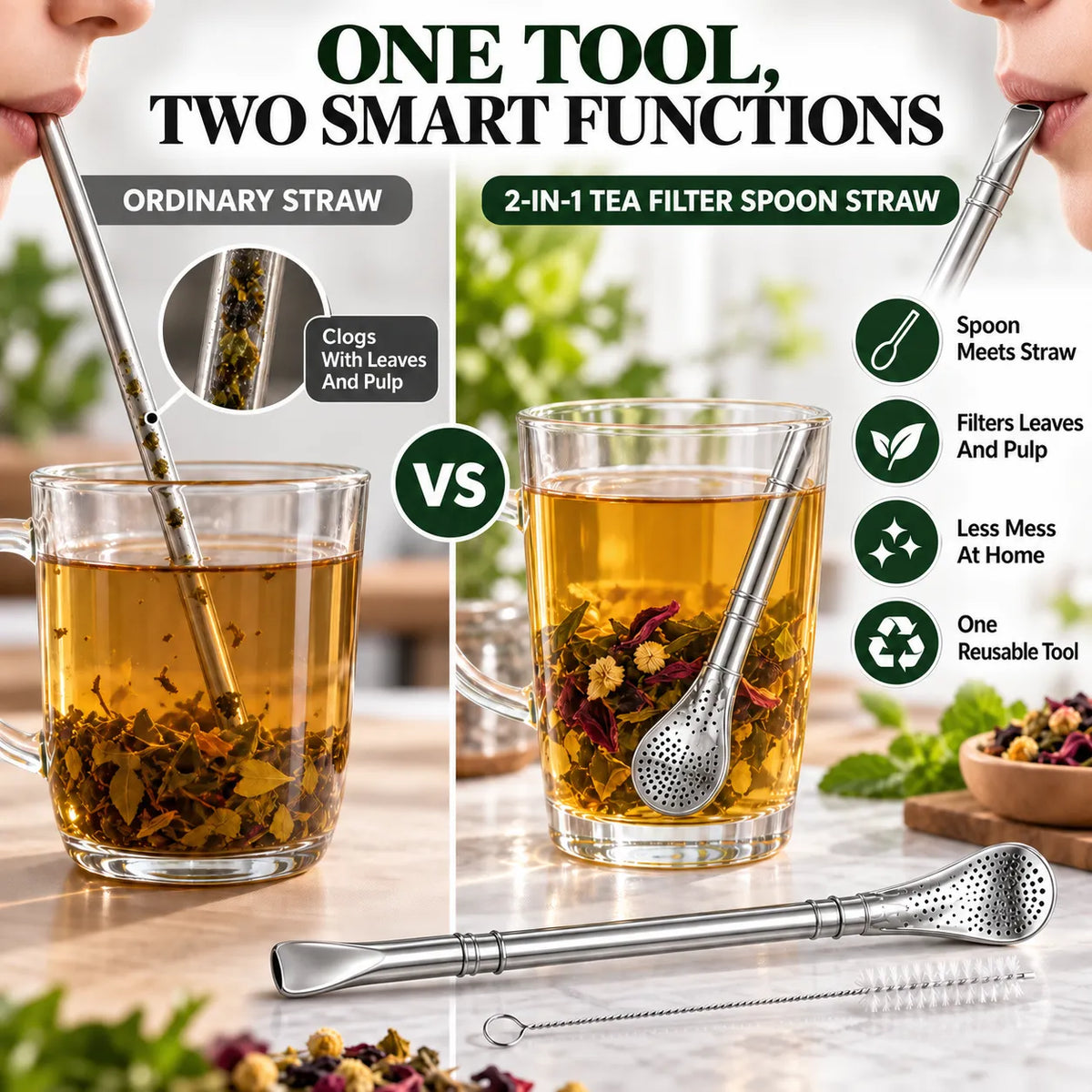 2‑in‑1 Tea Filter Spoon Straw | Free Cleaning Brush Included
