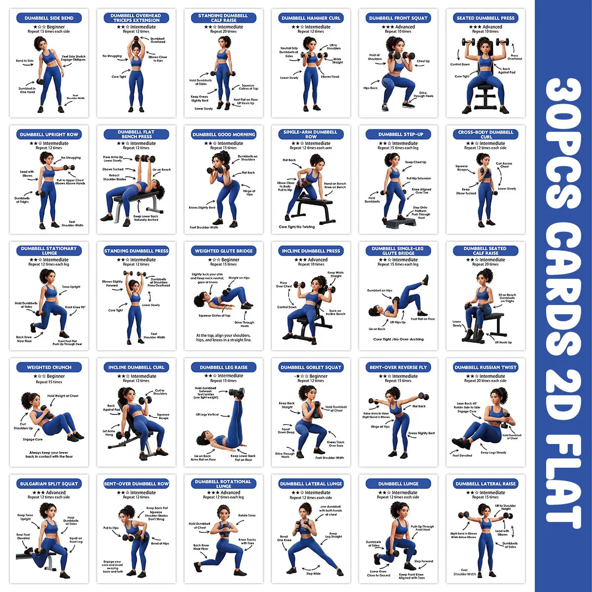 Dumbbell Exercise Card Deck, 30 Illustrated Fitness Cards