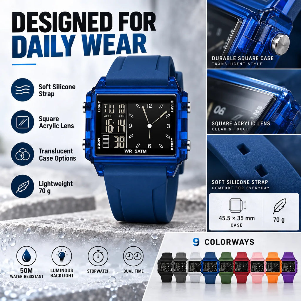Water-Resistant Transparent Digital Watch – 50M, luminous display & hybrid design