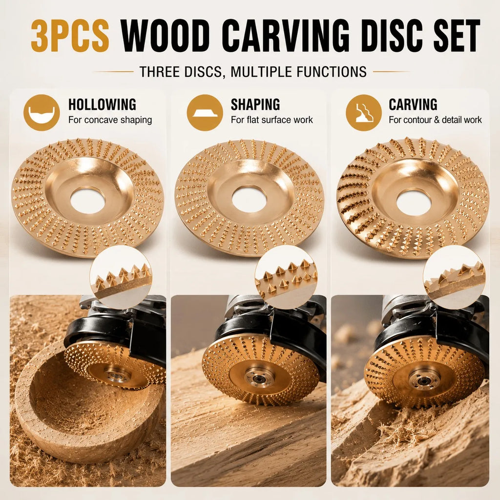 3PCS Tungsten Carbide Wood Carving Disc Set for Angle Grinders（Flat, curved, and inclined surfaces）