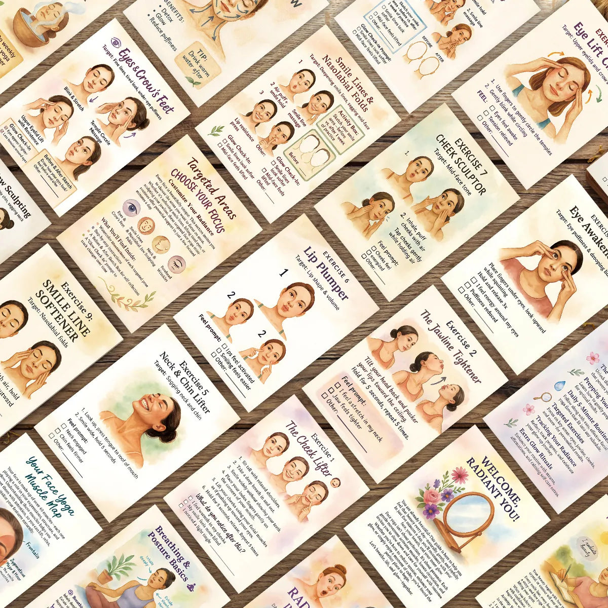 Face Yoga Practice Card Deck, 24 Illustrated Facial Exercise Cards