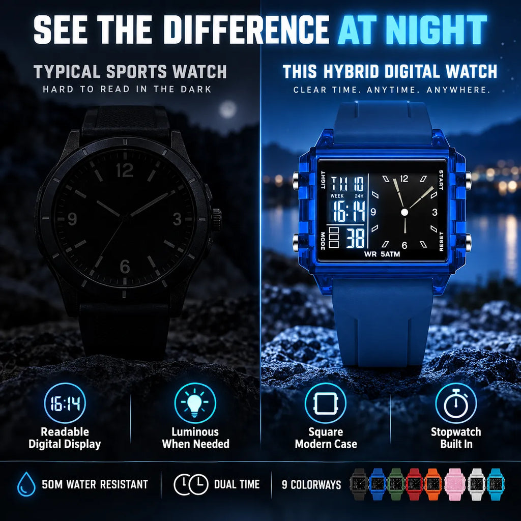 Water-Resistant Transparent Digital Watch – 50M, luminous display & hybrid design