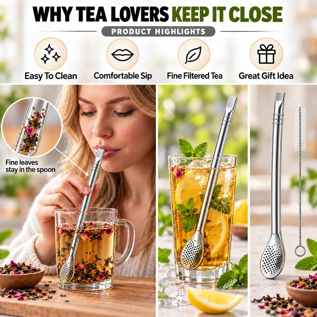 2‑in‑1 Tea Filter Spoon Straw | Free Cleaning Brush Included
