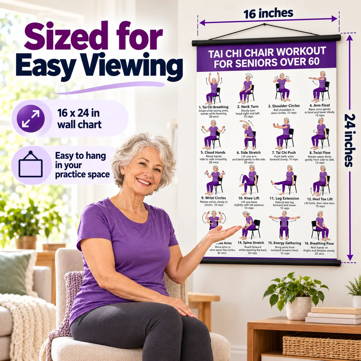 Tai chi chair workout chart for seniors (16 x 24 inches)-Seated & Standing Exercises