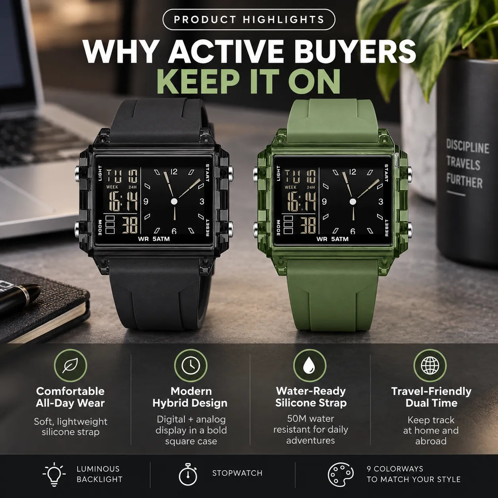 Water-Resistant Transparent Digital Watch – 50M, luminous display & hybrid design