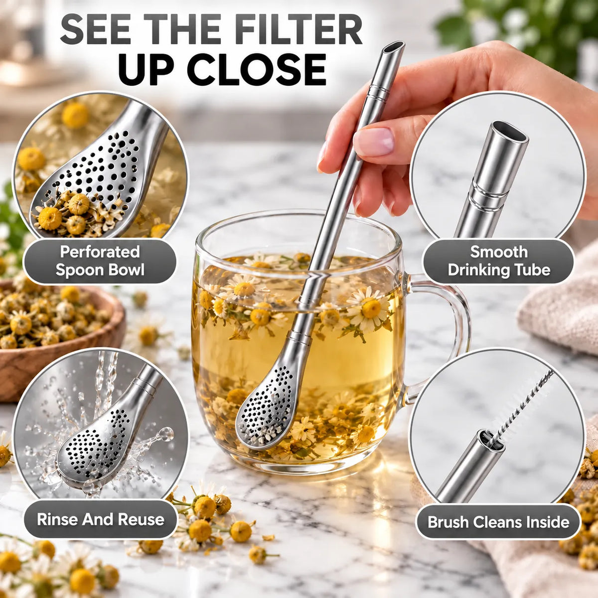 2‑in‑1 Tea Filter Spoon Straw | Free Cleaning Brush Included