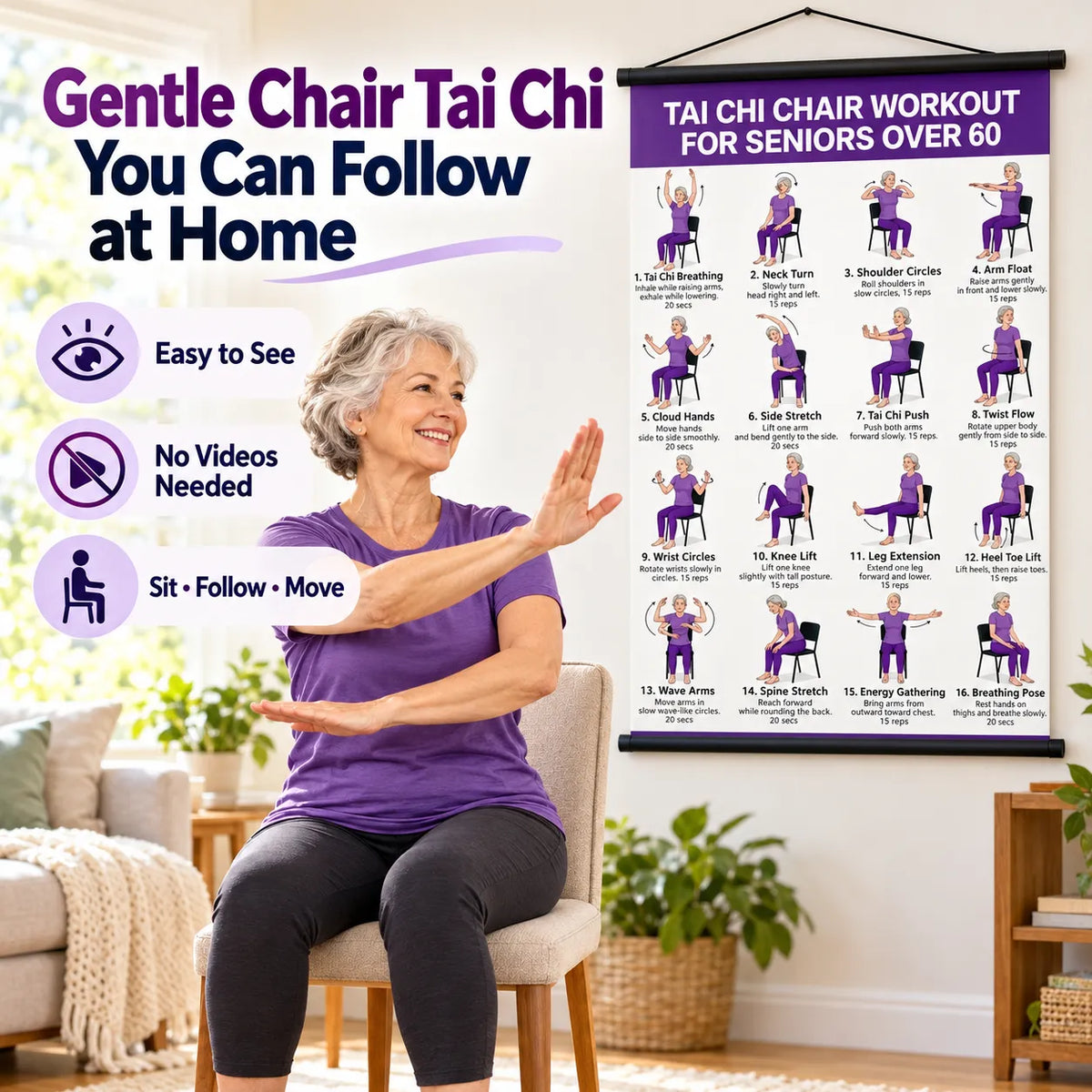 Tai chi chair workout chart for seniors (16 x 24 inches)-Seated & Standing Exercises