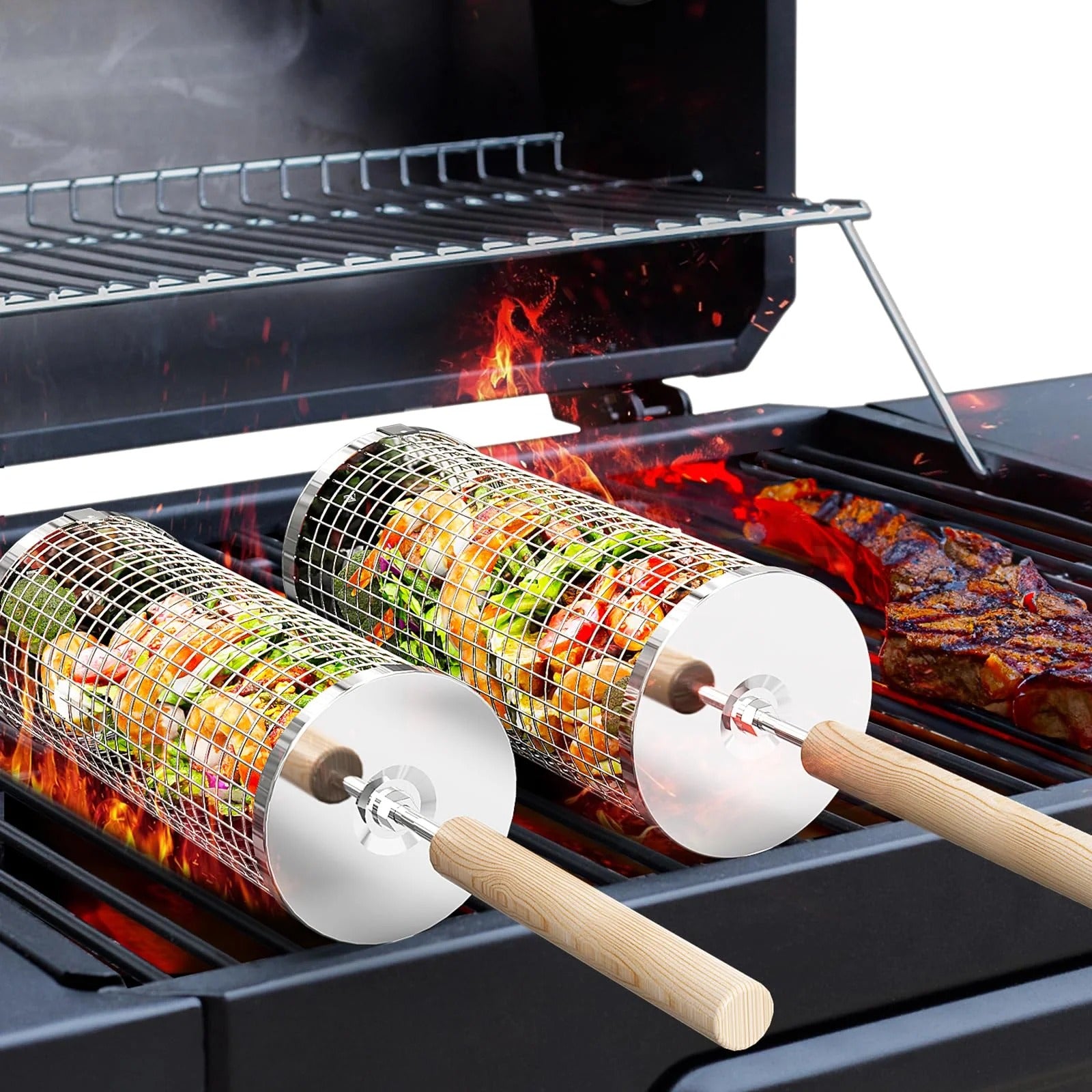 Heavy Duty Rolling Grill Basket Set | No More Food Falling Through