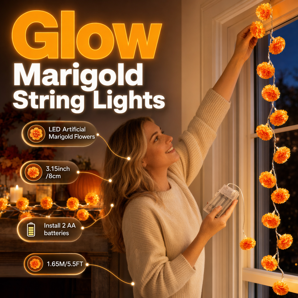 LED string lights with artificial marigold flowers