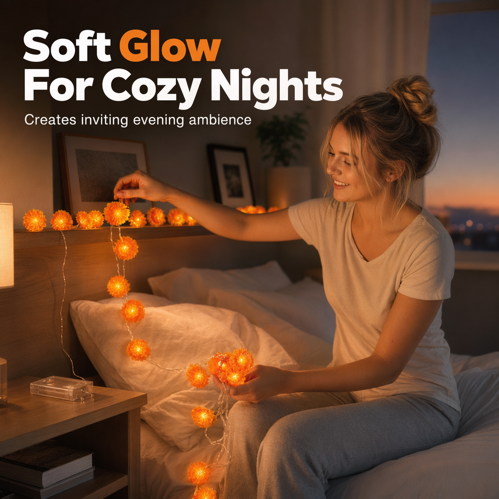 LED string lights with artificial marigold flowers