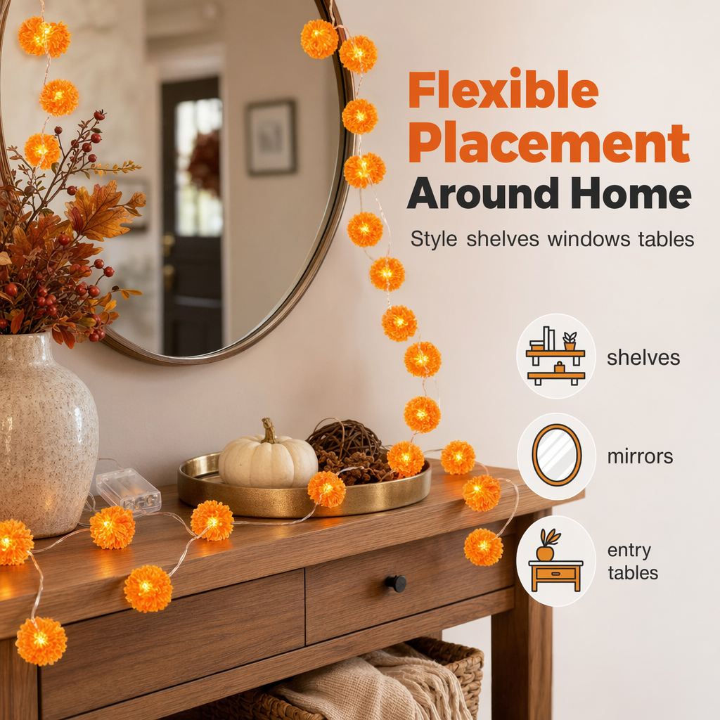 LED string lights with artificial marigold flowers
