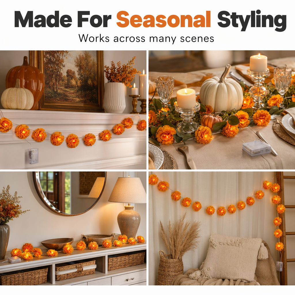 LED string lights with artificial marigold flowers