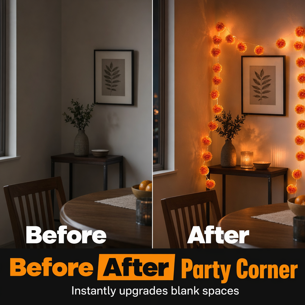 LED string lights with artificial marigold flowers