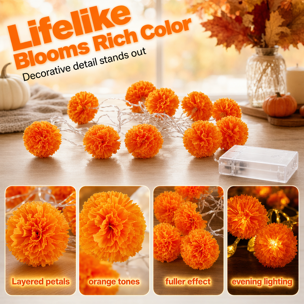 LED string lights with artificial marigold flowers