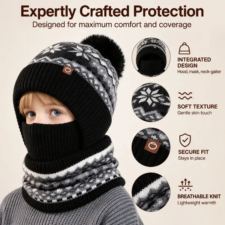 Kids Knitted Hat and Neck Warmer Set, Fleece Lined Winter Hat and Scarf Set for Ages 4-10