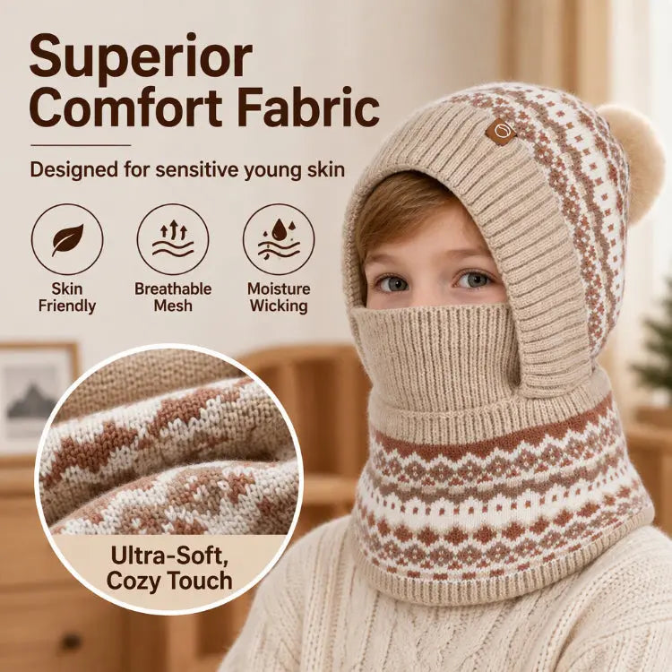 Kids Knitted Hat and Neck Warmer Set, Fleece Lined Winter Hat and Scarf Set for Ages 4-10
