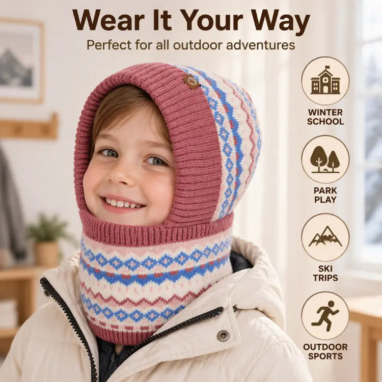 Kids Knitted Hat and Neck Warmer Set, Fleece Lined Winter Hat and Scarf Set for Ages 4-10