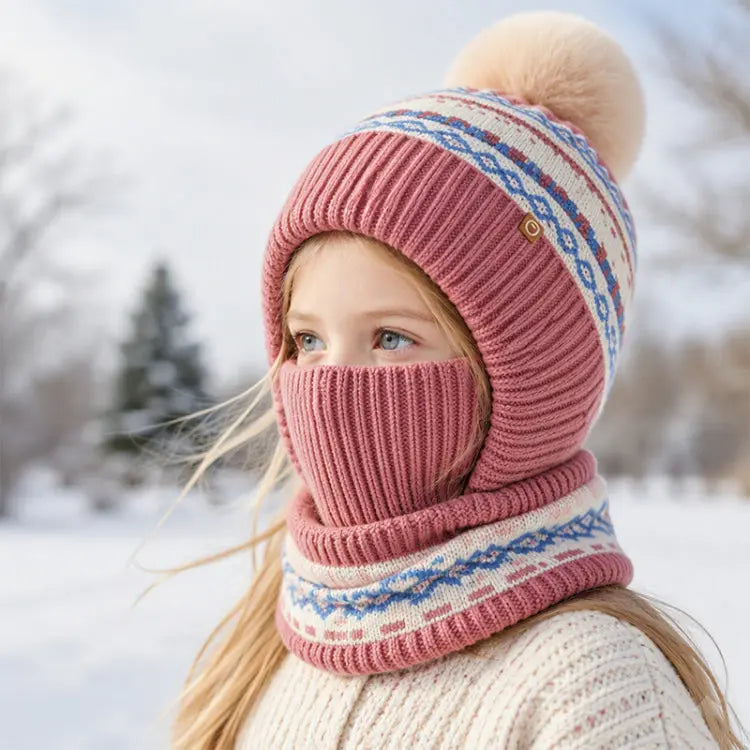 Kids Knitted Hat and Neck Warmer Set, Fleece Lined Winter Hat and Scarf Set for Ages 4-10