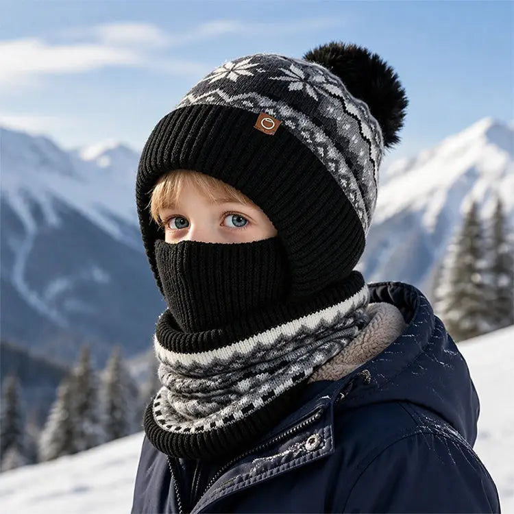 Kids Knitted Hat and Neck Warmer Set, Fleece Lined Winter Hat and Scarf Set for Ages 4-10