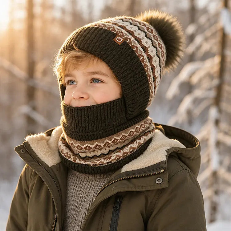 Kids Knitted Hat and Neck Warmer Set, Fleece Lined Winter Hat and Scarf Set for Ages 4-10