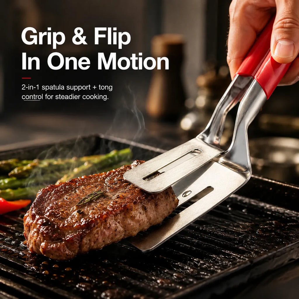 Red-grip food clip lifting steak in one motion