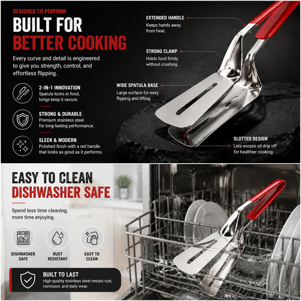 Slotted stainless food clip and dishwasher-safe construction